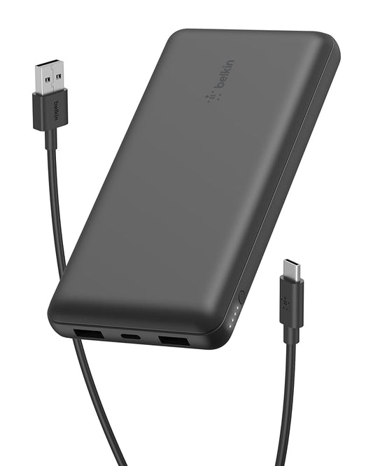 Belkin 20K Power Bank with USB-C 15W, Dual USB-A, 15cm USB-A to USB-C Cable, Black