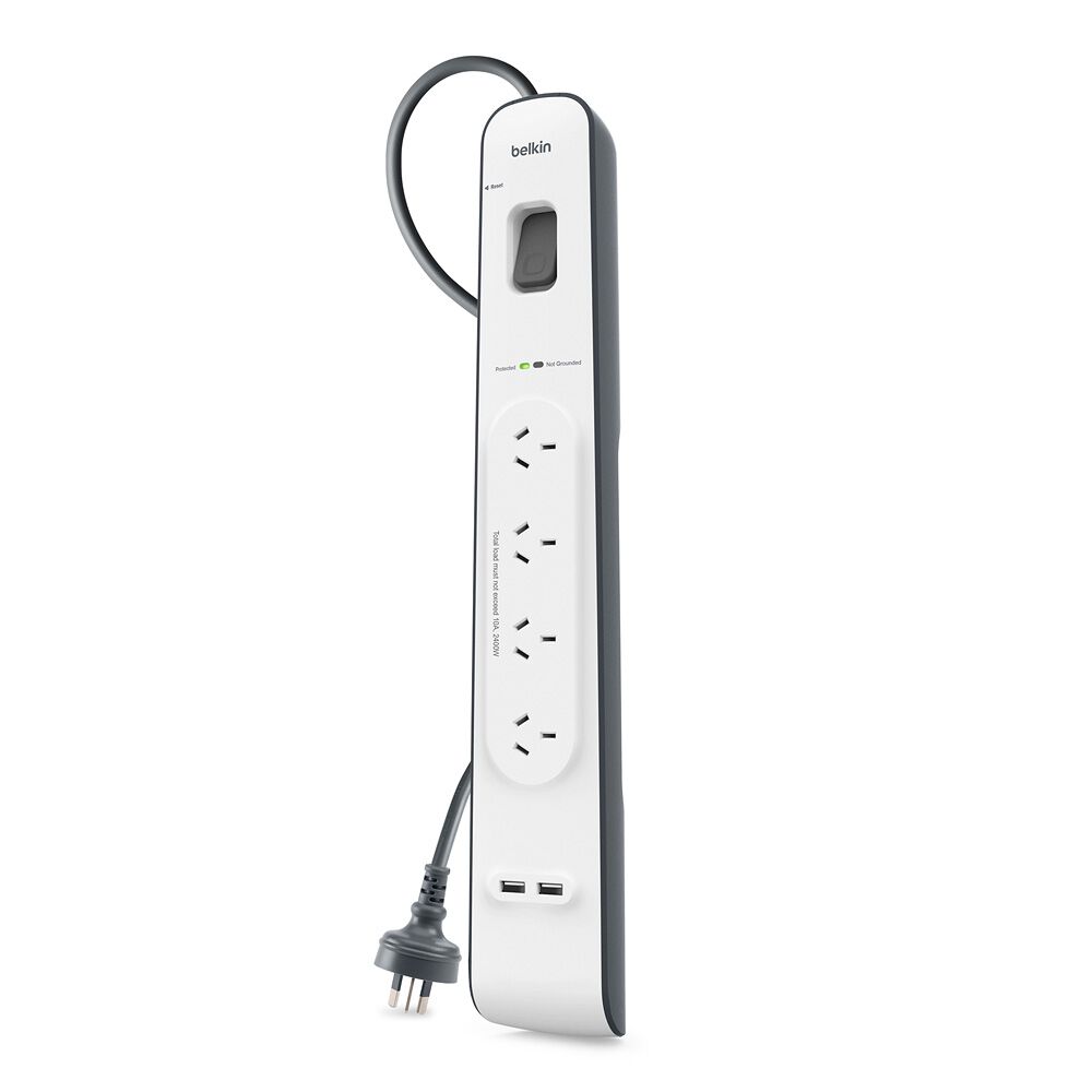 Belkin 4-Outlet Surge Protection Strip with 2.4 Amp USB Charging, 2 m Power Cord