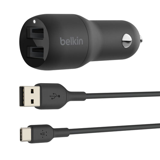 Belkin BoostCharge 24 W USB-A Car Charger with USB-A to USB-C Cable (Black)