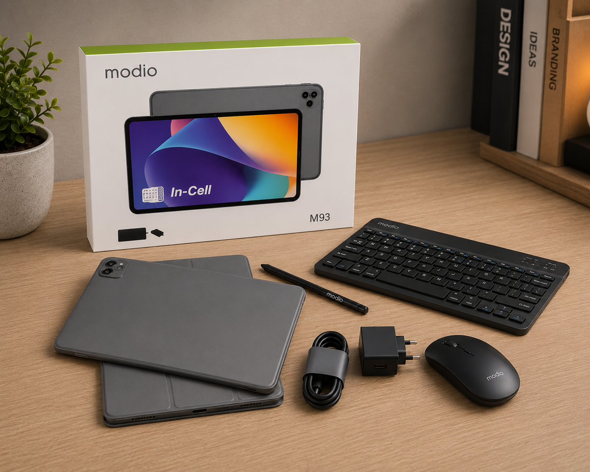 Modio M93 5G Android Tablet, 12GB RAM/ 512GB ROM, 11 Inches, Dual SIM, Android 15, 10,000mAh Battery, Includes Keyboard, Stylus, Mouse, Case, Wi-Fi, Bluetooth 5.2