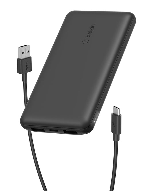 Belkin 10K Power Bank with USB-C 15W, Dual USB-A, 15cm USB-A to USB-C Cable, Black