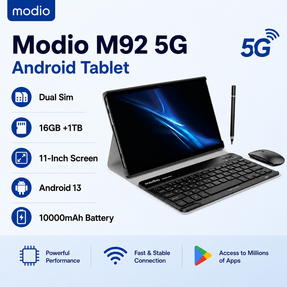 Modio M92 5G Android Tablet, 16GB/1TB, 11 Inch IPS LCD, Dual Sim,Wireless Bluetooth Keyboard & Mouse, Protective Flip Case, Stylus Pen
