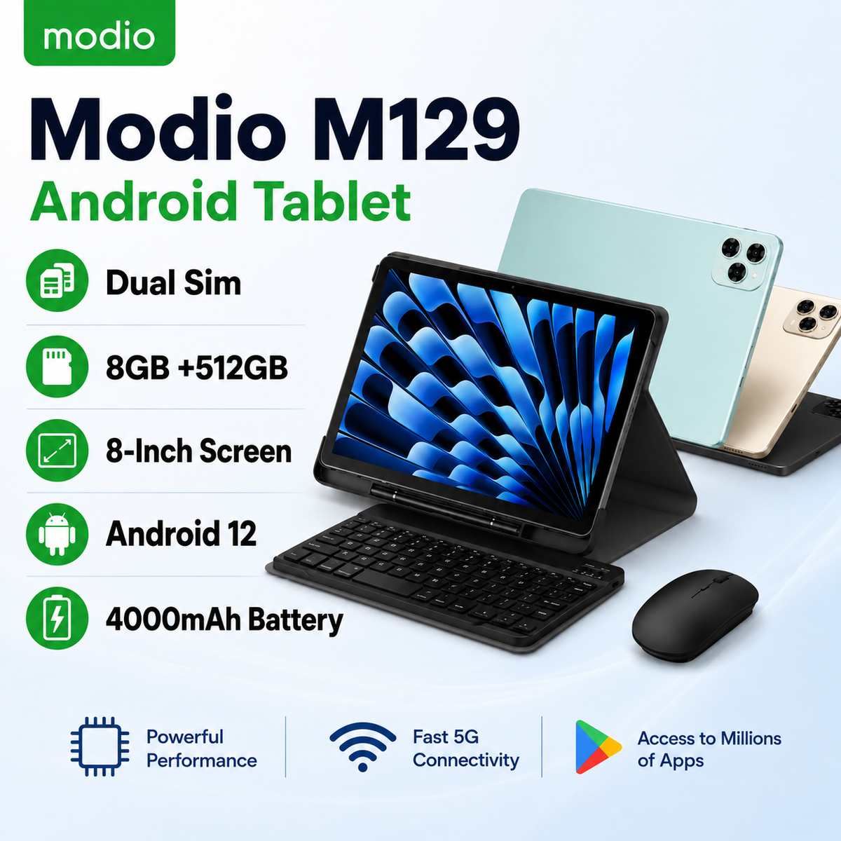 Modio M129 5G Android Tablet, 8GB/512GB, 8-Inch IPS LCD Display, Dual SIM, 4,000mAh Battery, Android 12, Bluetooth, WIFI