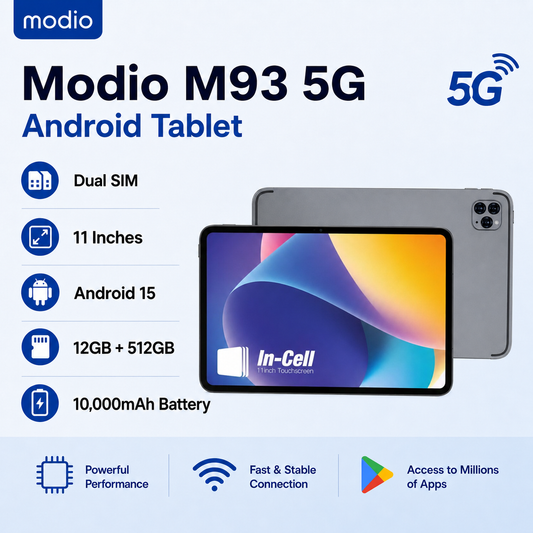 Modio M93 5G Android Tablet, 12GB RAM/ 512GB ROM, 11 Inches, Dual SIM, Android 15, 10,000mAh Battery, Includes Keyboard, Stylus, Mouse, Case, Wi-Fi, Bluetooth 5.2
